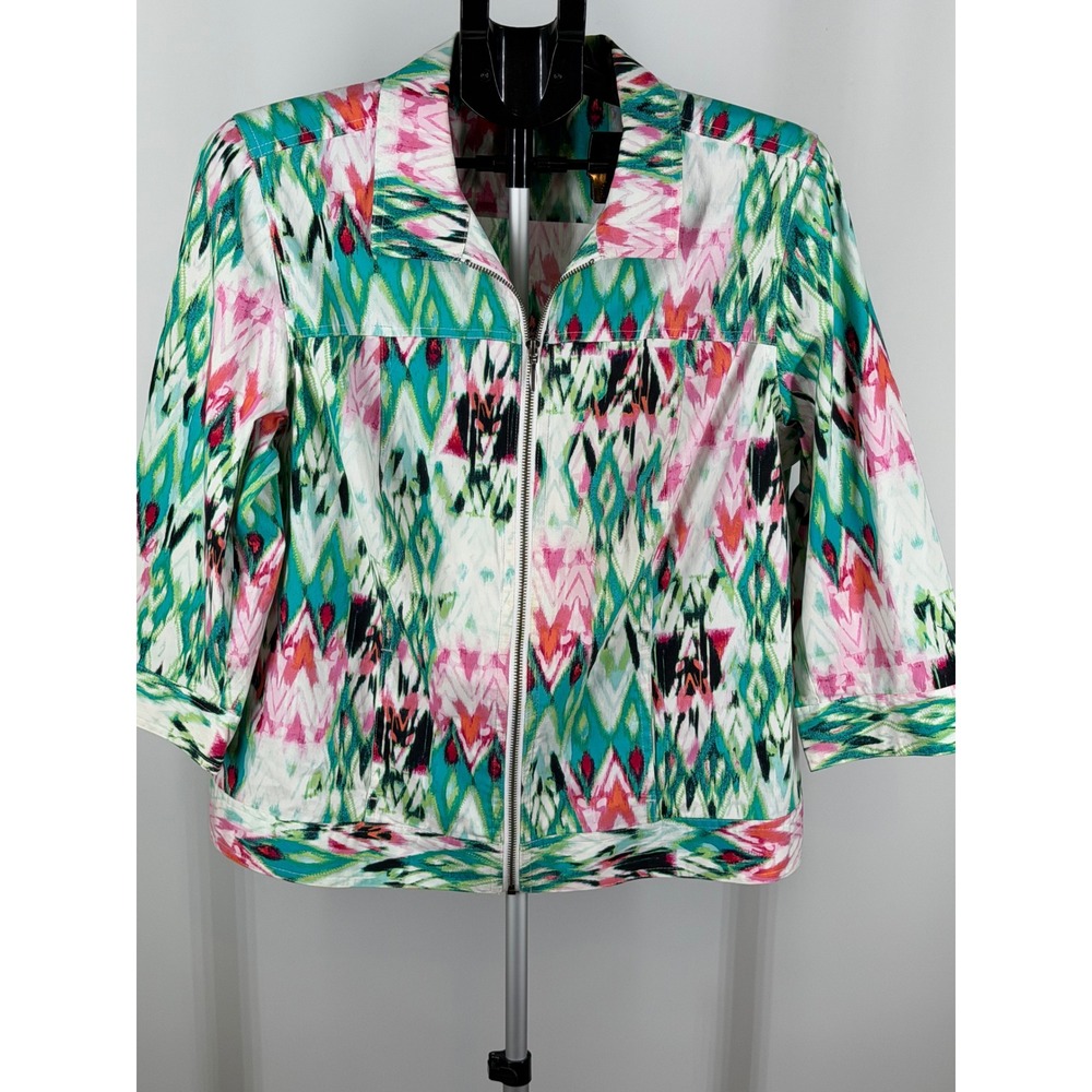Chicos Womens Size 2 Abstract Ikat Full Zip Jacket Teal Pink Geometric Cotton